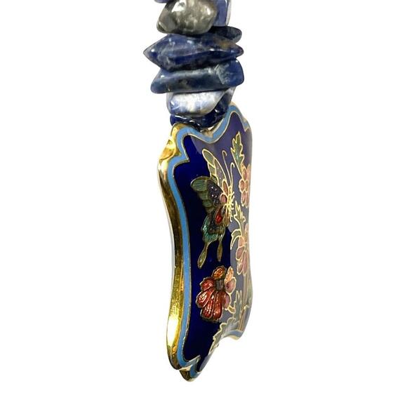 Vintage 70s Lapis Lazuli Necklace w/ Cloisonne Butterfly Pendant 15” Hand-Beaded - Picture 6 of 11